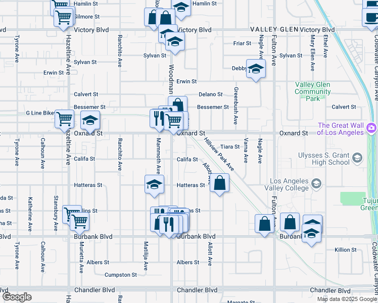 map of restaurants, bars, coffee shops, grocery stores, and more near 5914 Buffalo Avenue in Los Angeles