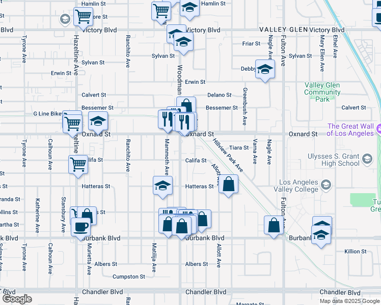 map of restaurants, bars, coffee shops, grocery stores, and more near 5860 Woodman Avenue in Los Angeles