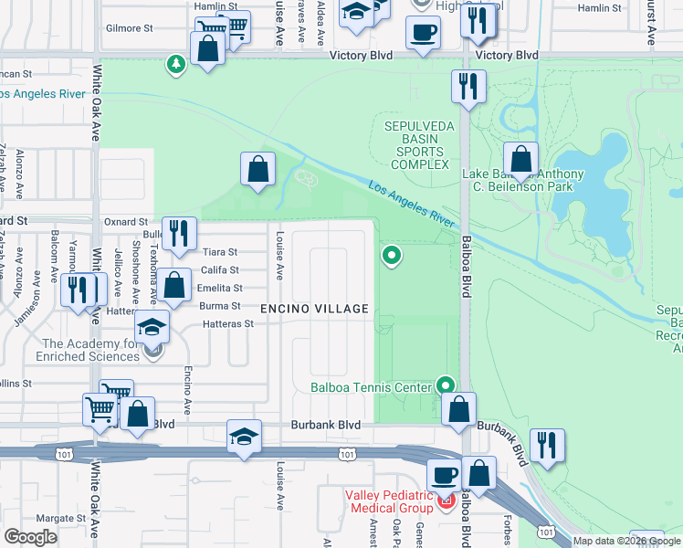 map of restaurants, bars, coffee shops, grocery stores, and more near 5913 Ostrom Avenue in Los Angeles