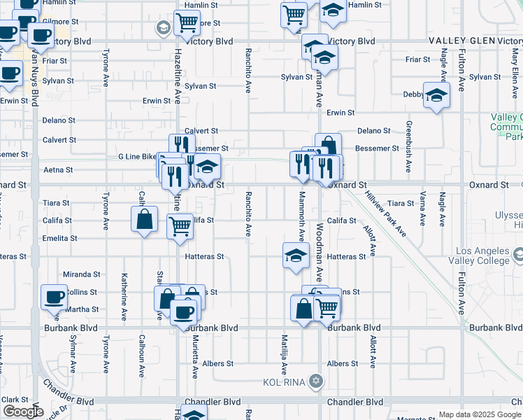 map of restaurants, bars, coffee shops, grocery stores, and more near 5921 Cantaloupe Avenue in Los Angeles