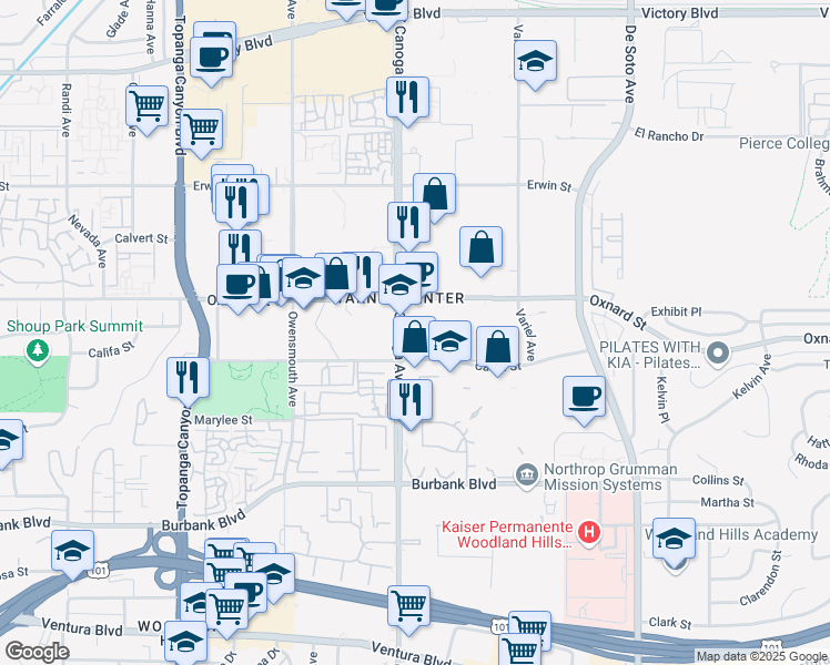 map of restaurants, bars, coffee shops, grocery stores, and more near 5950 Canoga Avenue in Los Angeles