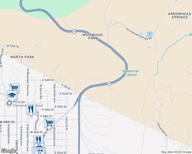 map of restaurants, bars, coffee shops, grocery stores, and more near 5405 Park Lane in San Bernardino