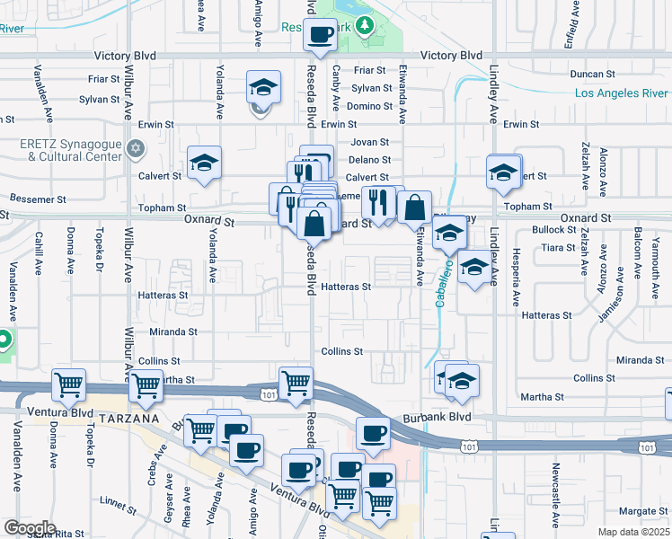 map of restaurants, bars, coffee shops, grocery stores, and more near 18433 Hatteras Street in Los Angeles