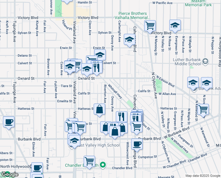 map of restaurants, bars, coffee shops, grocery stores, and more near 5919 Whitnall Highway in Los Angeles