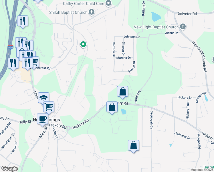 map of restaurants, bars, coffee shops, grocery stores, and more near 105 Barrett Springs Drive in Canton