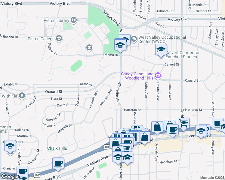 map of restaurants, bars, coffee shops, grocery stores, and more near 5918 McDonie Avenue in Los Angeles