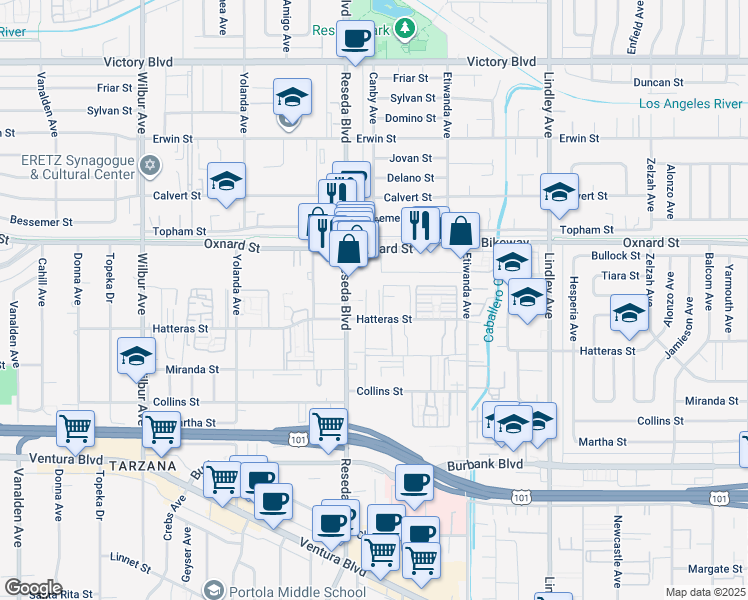 map of restaurants, bars, coffee shops, grocery stores, and more near 18445 Hatteras Street in Los Angeles