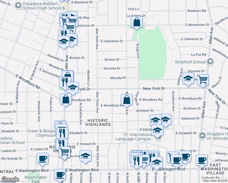 map of restaurants, bars, coffee shops, grocery stores, and more near 1236 New York Drive in Altadena