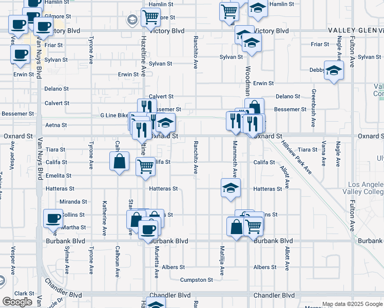 map of restaurants, bars, coffee shops, grocery stores, and more near 5856 Ranchito Avenue in Los Angeles