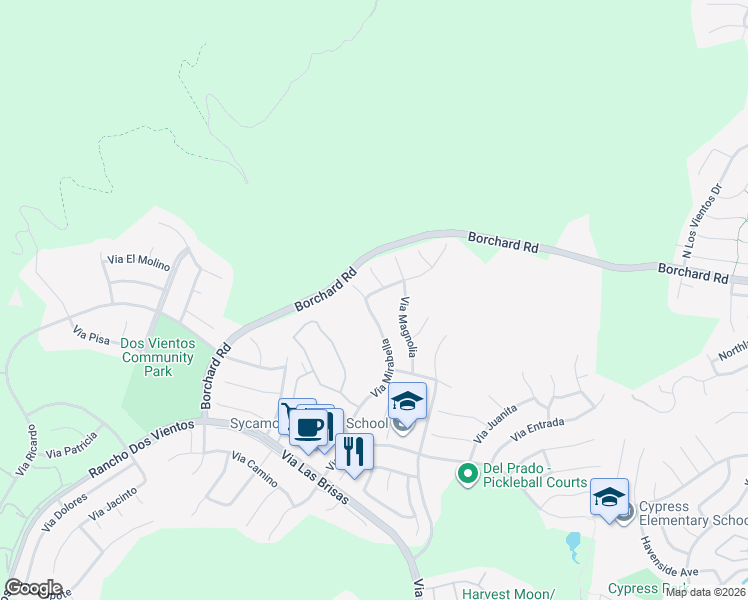 map of restaurants, bars, coffee shops, grocery stores, and more near 4644 Via Mariano in Thousand Oaks