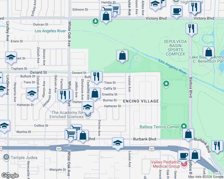 map of restaurants, bars, coffee shops, grocery stores, and more near 17400 Emelita Street in Los Angeles