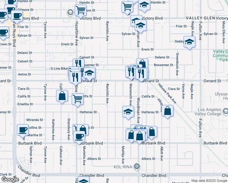 map of restaurants, bars, coffee shops, grocery stores, and more near 5921 Cantaloupe Avenue in Los Angeles