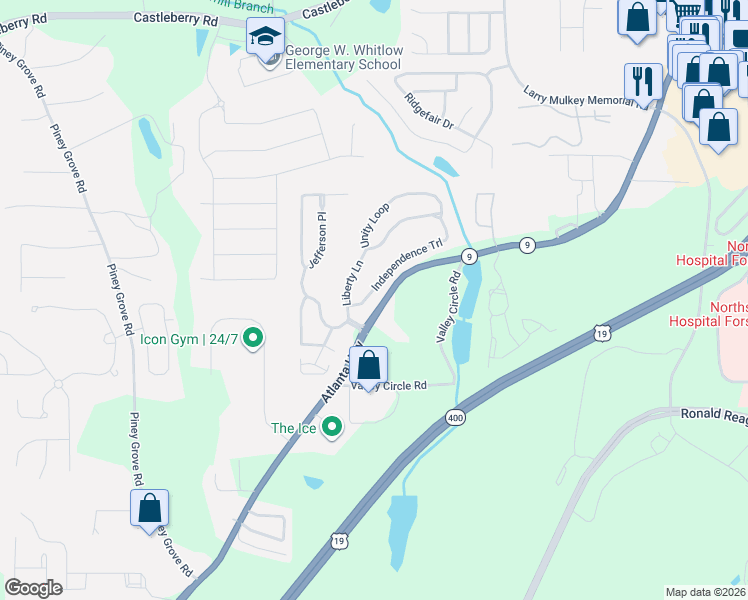 map of restaurants, bars, coffee shops, grocery stores, and more near 1147 Atlanta Highway in Cumming