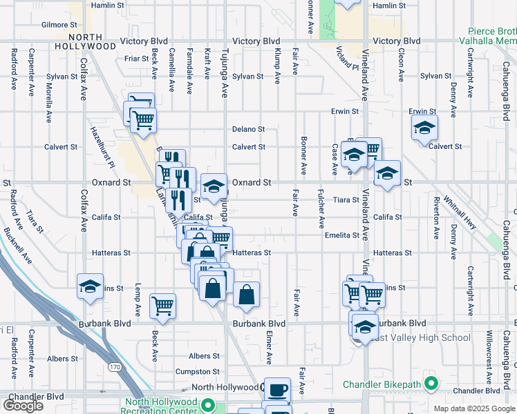 map of restaurants, bars, coffee shops, grocery stores, and more near 11304 Tiara Street in Los Angeles