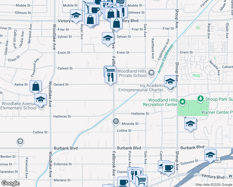 map of restaurants, bars, coffee shops, grocery stores, and more near 5924 Fallbrook Avenue in Los Angeles