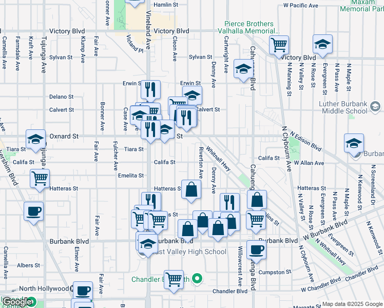 map of restaurants, bars, coffee shops, grocery stores, and more near 5861 Riverton Avenue in Los Angeles