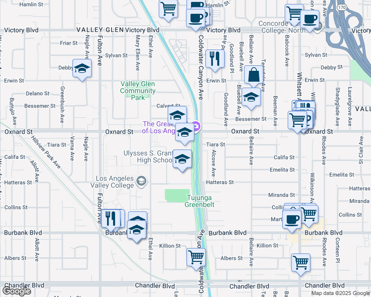 map of restaurants, bars, coffee shops, grocery stores, and more near 13000 Oxnard Street in Los Angeles