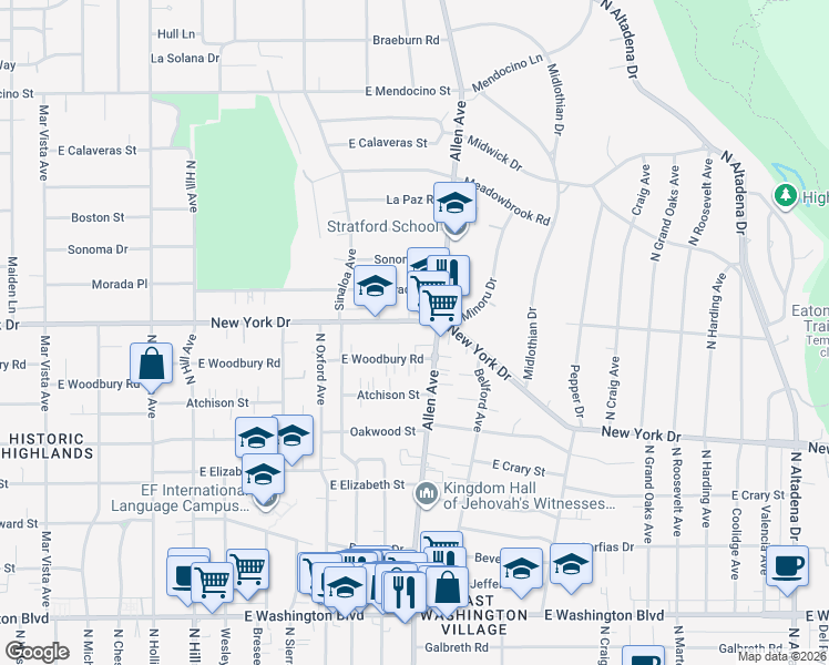 map of restaurants, bars, coffee shops, grocery stores, and more near 1818 New York Drive in Altadena