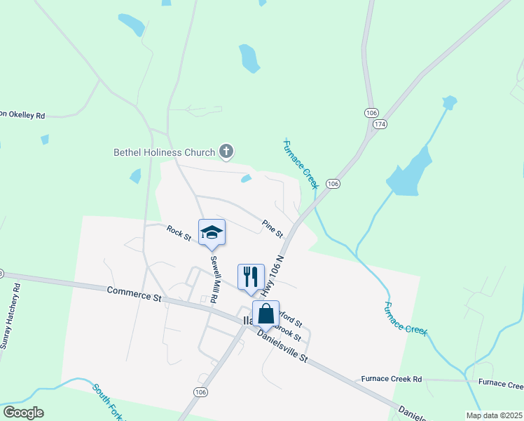 map of restaurants, bars, coffee shops, grocery stores, and more near 136 Pine Street in Danielsville