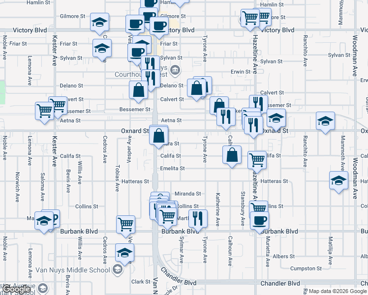 map of restaurants, bars, coffee shops, grocery stores, and more near 14352 Tiara Street in Los Angeles
