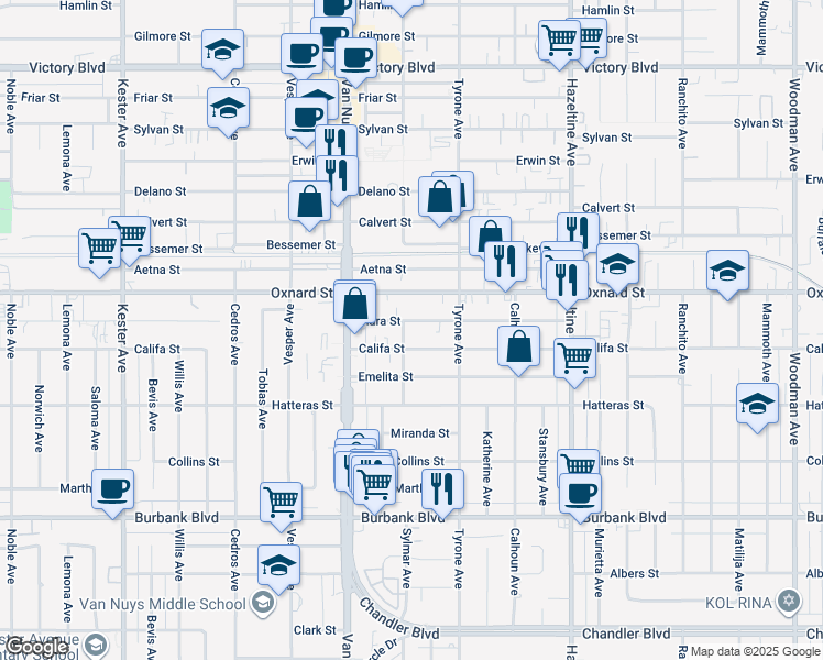 map of restaurants, bars, coffee shops, grocery stores, and more near 14352 Tiara Street in Los Angeles