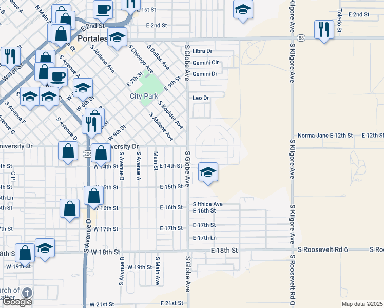 map of restaurants, bars, coffee shops, grocery stores, and more near 1308 Oakwood Circle in Portales