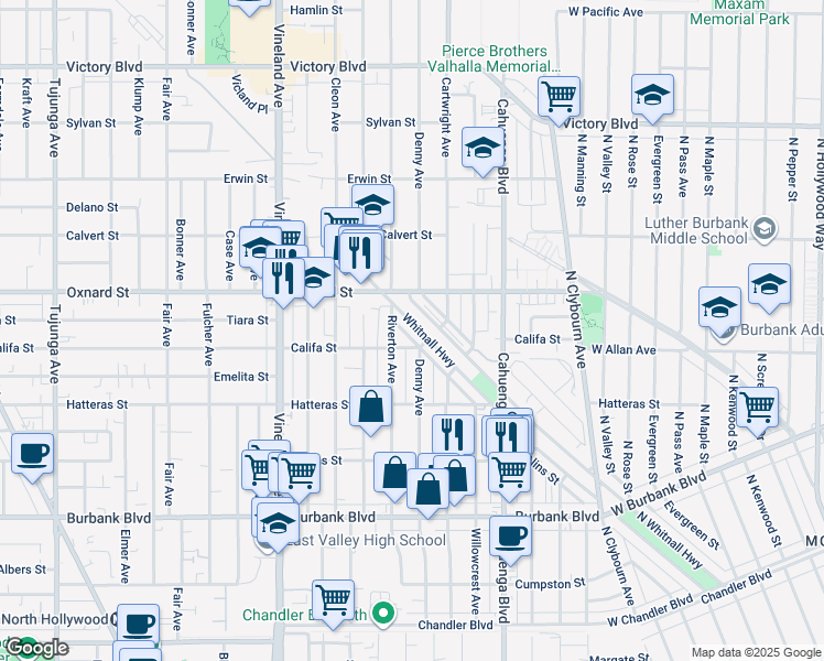 map of restaurants, bars, coffee shops, grocery stores, and more near 5859 Denny Avenue in Los Angeles