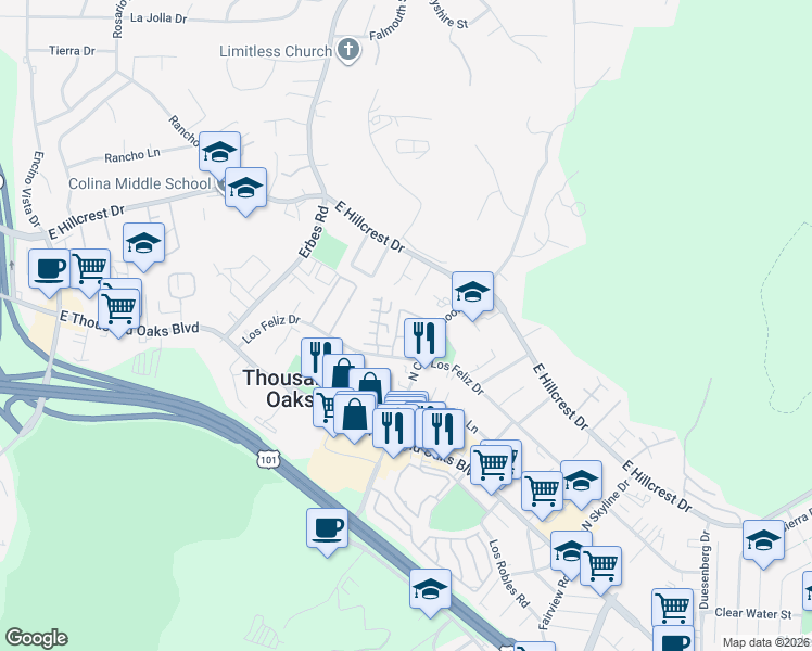 map of restaurants, bars, coffee shops, grocery stores, and more near 235 North Conejo School Road in Thousand Oaks