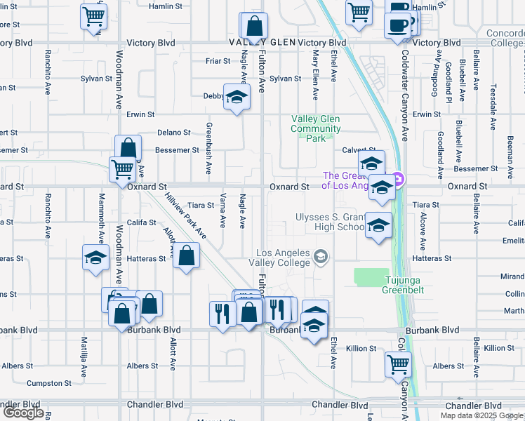 map of restaurants, bars, coffee shops, grocery stores, and more near 5800 Fulton Avenue in Los Angeles