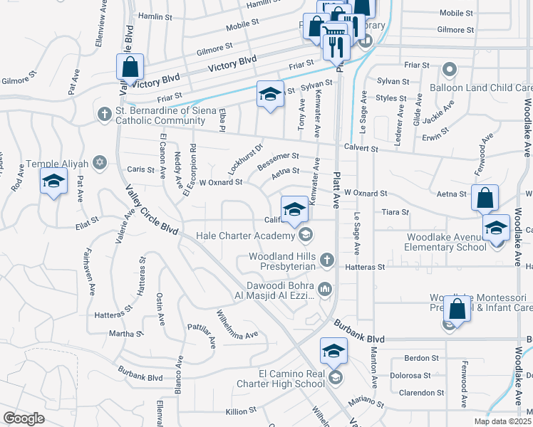 map of restaurants, bars, coffee shops, grocery stores, and more near 5907 Adler Avenue in Los Angeles