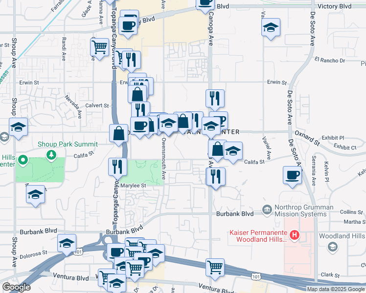 map of restaurants, bars, coffee shops, grocery stores, and more near 21600 West Oxnard Street in Los Angeles