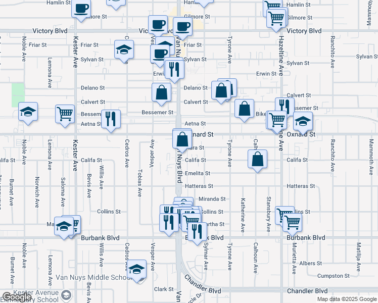 map of restaurants, bars, coffee shops, grocery stores, and more near Tiara Street in Los Angeles