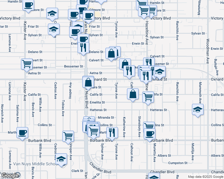 map of restaurants, bars, coffee shops, grocery stores, and more near 14312 Tiara Street in Los Angeles