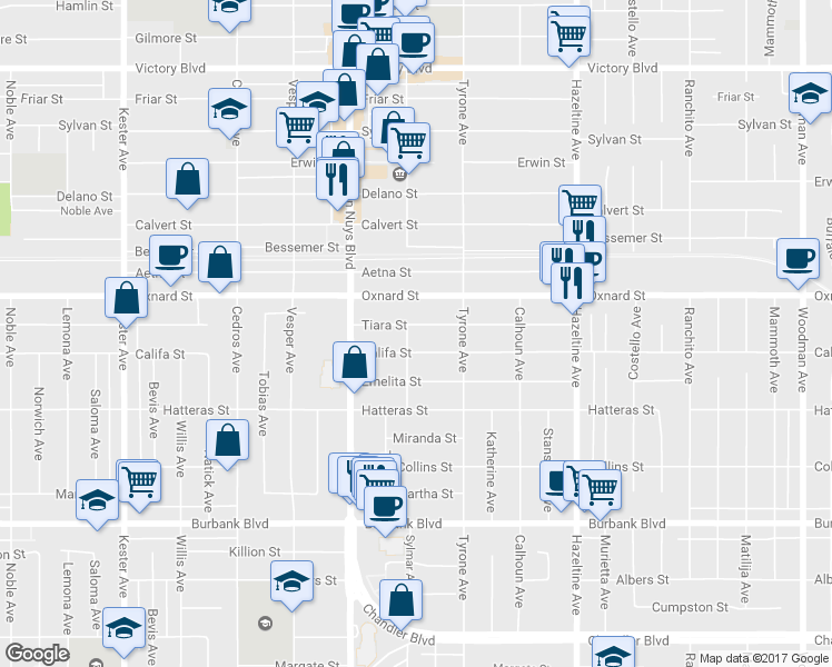 map of restaurants, bars, coffee shops, grocery stores, and more near 14352 Tiara Street in Los Angeles