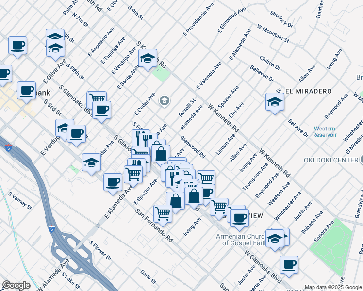 map of restaurants, bars, coffee shops, grocery stores, and more near 1147 Elm Avenue in Glendale