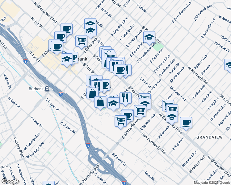 map of restaurants, bars, coffee shops, grocery stores, and more near 231 East Cedar Avenue in Burbank