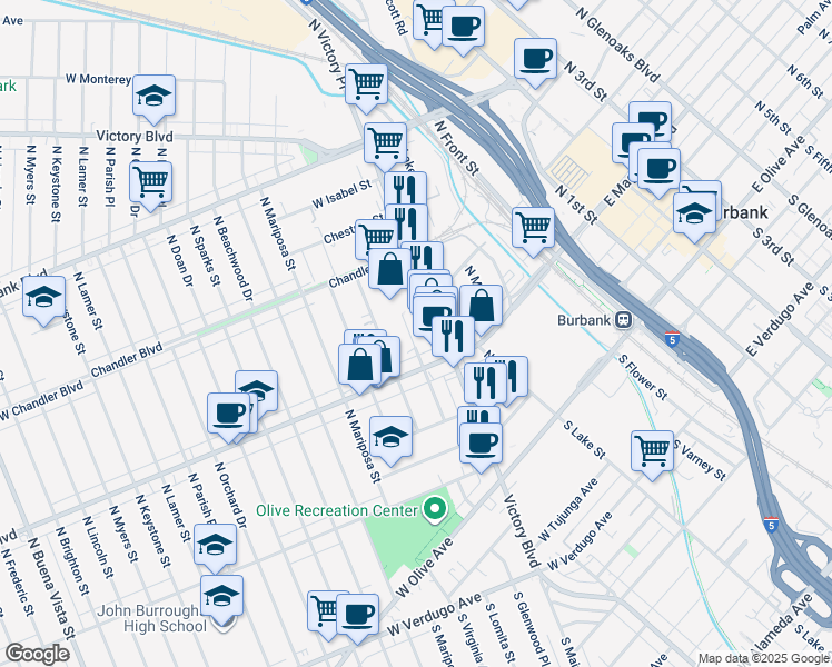 map of restaurants, bars, coffee shops, grocery stores, and more near 411 North Glenwood Place in Burbank