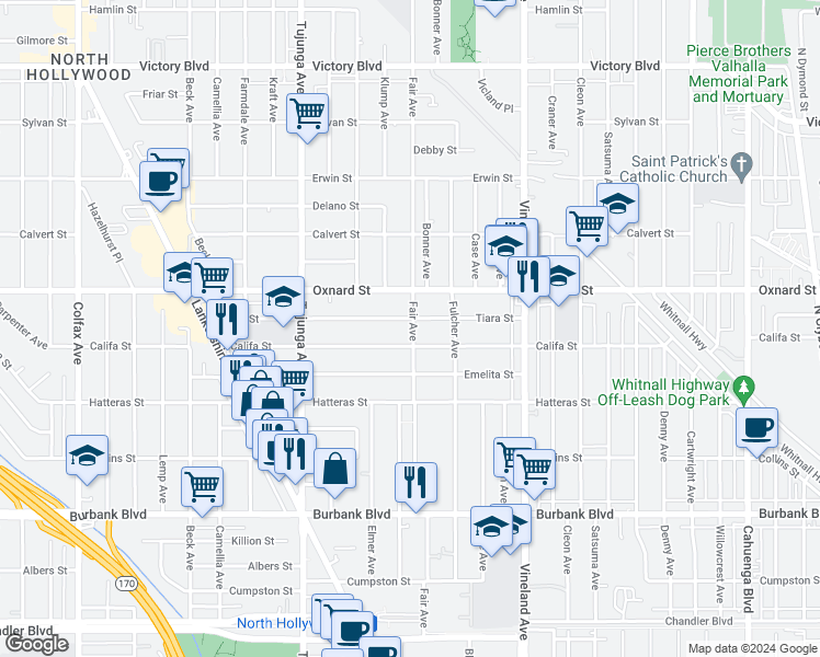 map of restaurants, bars, coffee shops, grocery stores, and more near 11222 Califa Street in Los Angeles