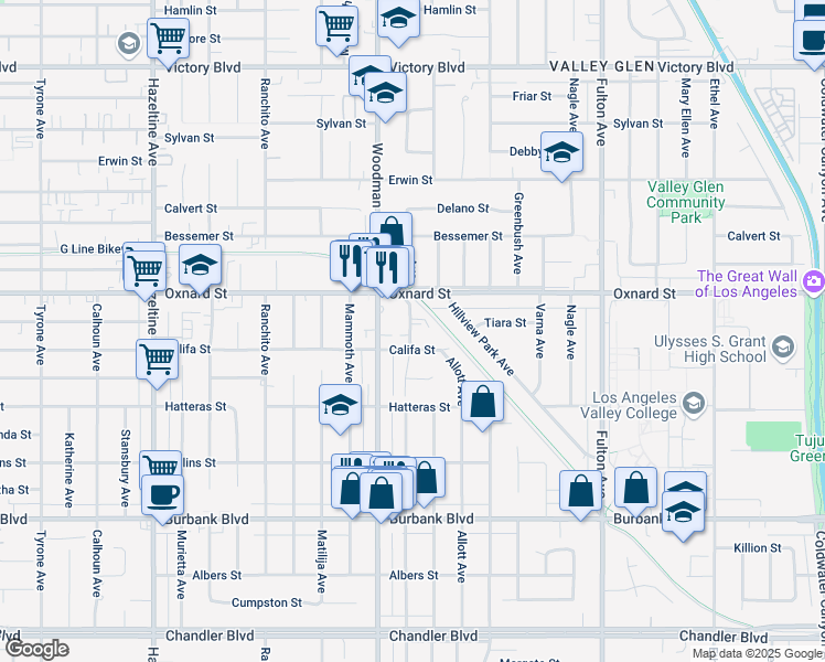 map of restaurants, bars, coffee shops, grocery stores, and more near 13612 Califa Street in Los Angeles