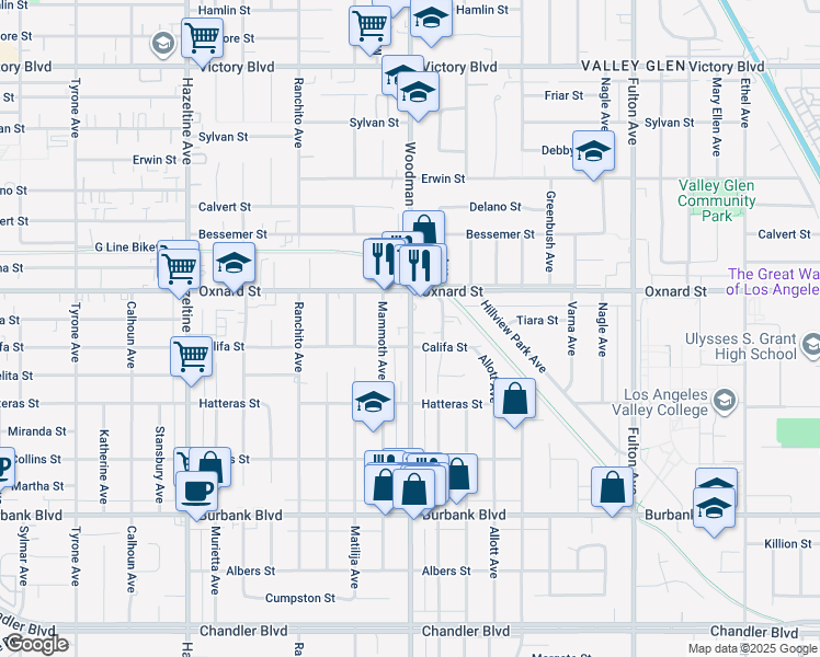 map of restaurants, bars, coffee shops, grocery stores, and more near 5860 Woodman Avenue in Los Angeles