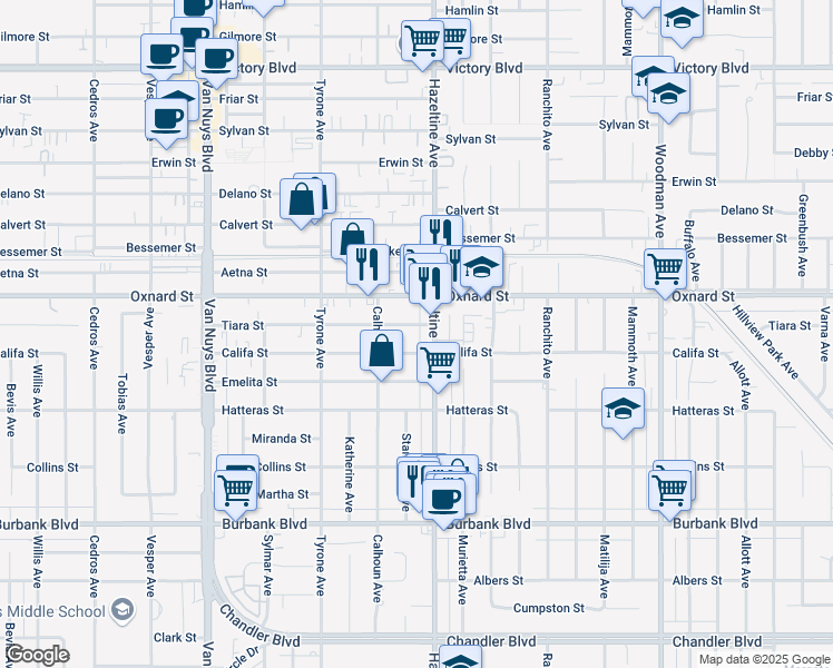 map of restaurants, bars, coffee shops, grocery stores, and more near 5865 Hazeltine Avenue in Los Angeles