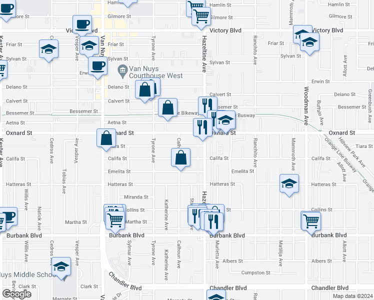 map of restaurants, bars, coffee shops, grocery stores, and more near 14142 Califa Street in Los Angeles