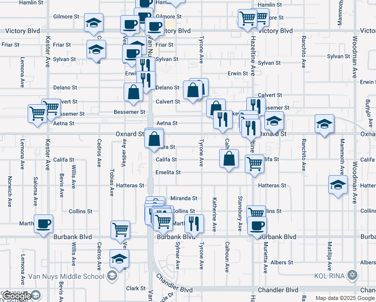 map of restaurants, bars, coffee shops, grocery stores, and more near 14334 Tiara Street in Los Angeles