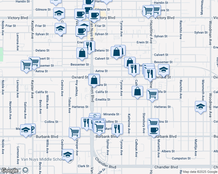 map of restaurants, bars, coffee shops, grocery stores, and more near 14348 Califa Street in Los Angeles