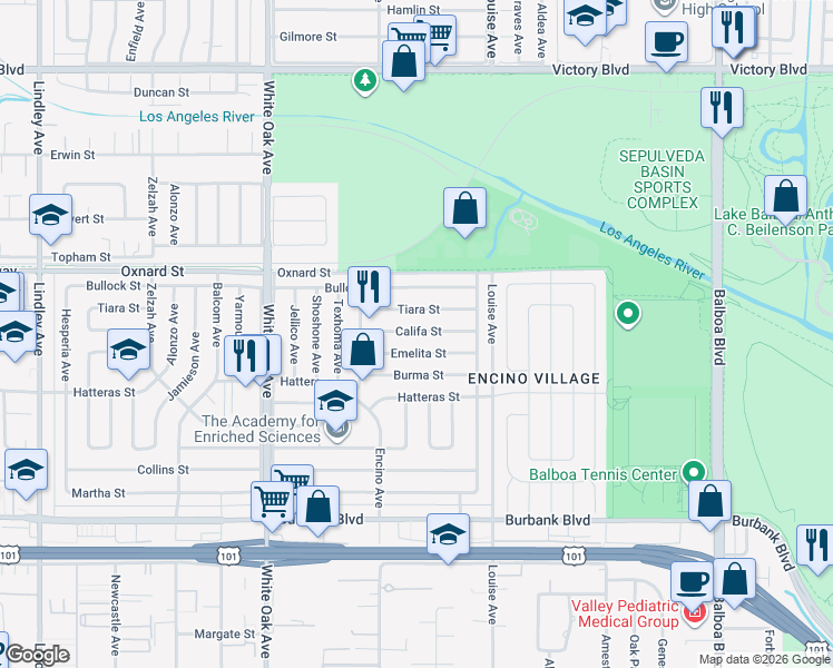 map of restaurants, bars, coffee shops, grocery stores, and more near 17446 Emelita Street in Los Angeles