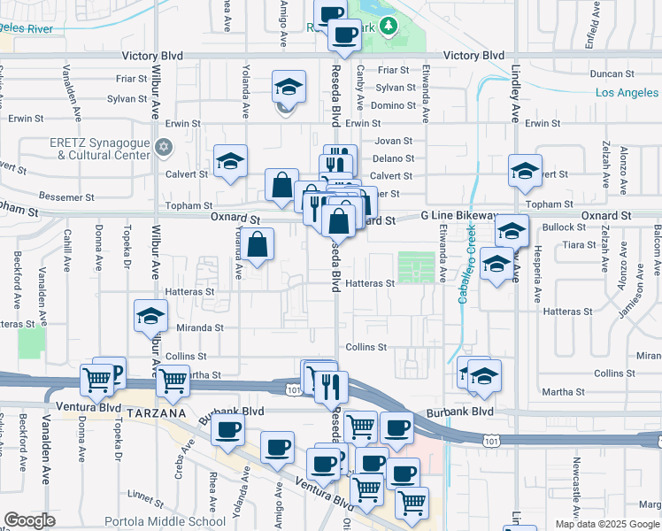 map of restaurants, bars, coffee shops, grocery stores, and more near in Los Angeles