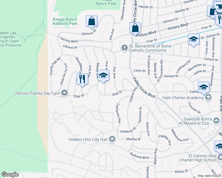 map of restaurants, bars, coffee shops, grocery stores, and more near 24535 Eilat Street in Los Angeles