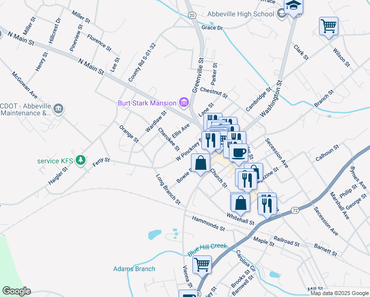 map of restaurants, bars, coffee shops, grocery stores, and more near 302 West Pinckney Street in Abbeville