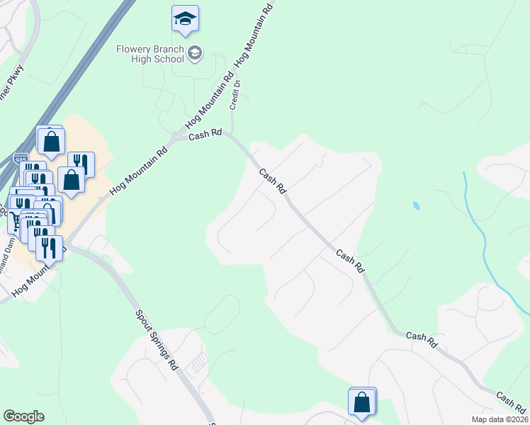 map of restaurants, bars, coffee shops, grocery stores, and more near 4730 Deer Ridge Court in Flowery Branch