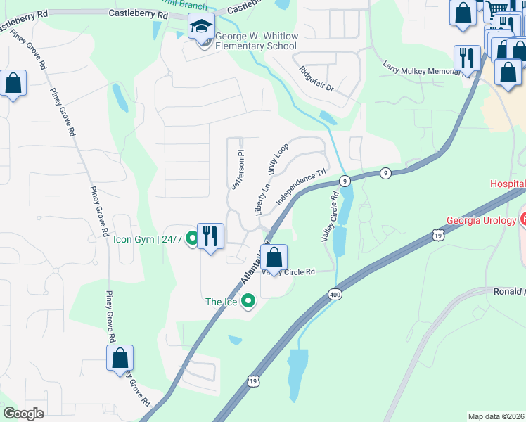map of restaurants, bars, coffee shops, grocery stores, and more near 1310 Liberty Lane in Cumming
